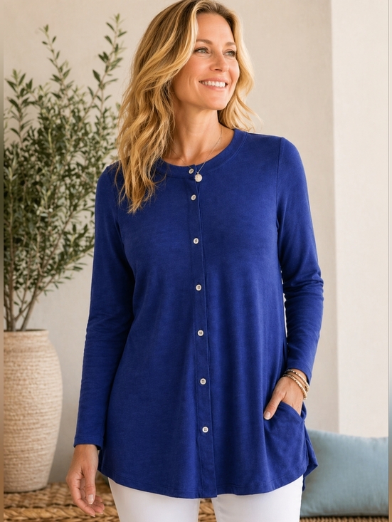 J. Jill Tops - J Jill Wearever Blue Tunic XS Button Front Pockets Soft Knit Top